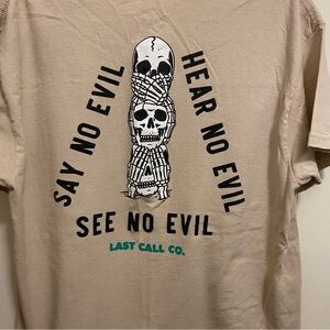 Last Call Mens Tee T Shirt L Sand Beige Skeleton Say Hear See No Evil 3 Rules